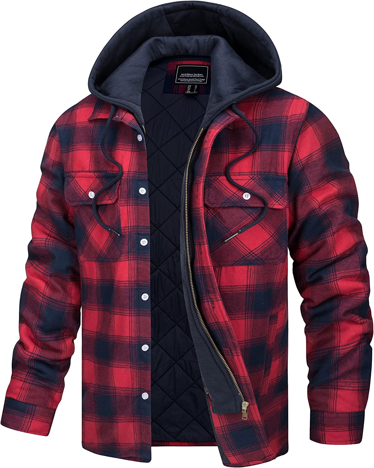 Red Plaid Hooded Quilted Flannel Shirt Jacket