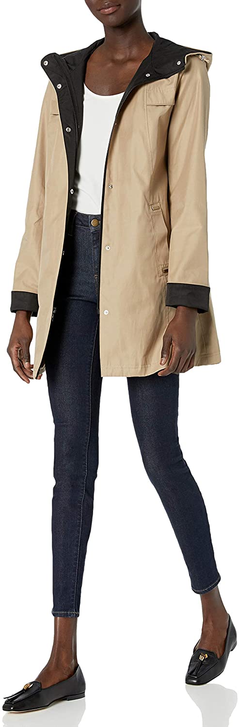  Jones New York Women's Hooded Trench Coat Rain Jacket,  Black/Taupe, Small : Clothing, Shoes & Jewelry