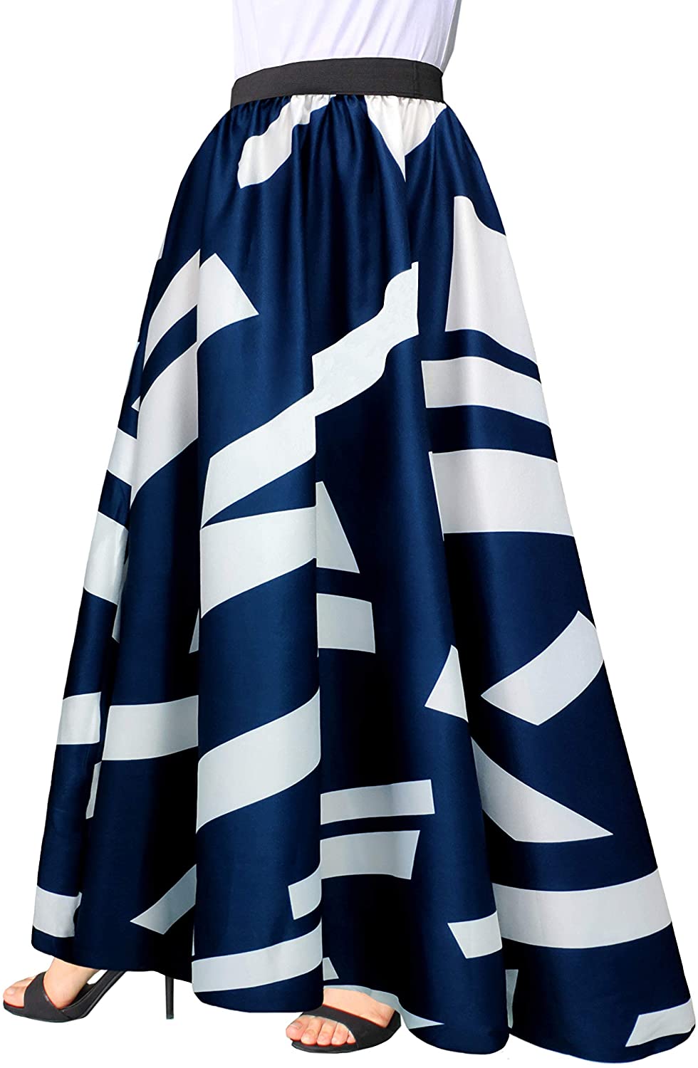 Sinono Women's Chiffon Stripe Maxi Skirt High Waist Mopping Floor Skirts