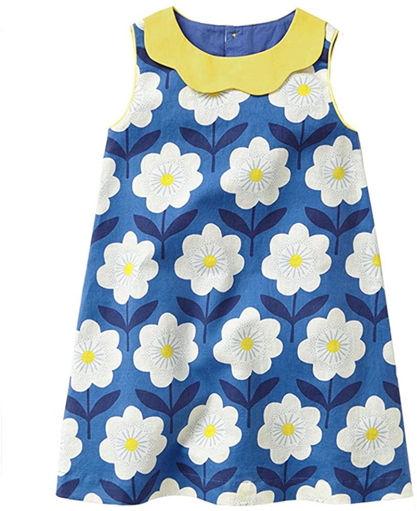 HILEELANG Little Girls Cotton Dress Casual Summer Sundress Flower Printed Jumper Skirt