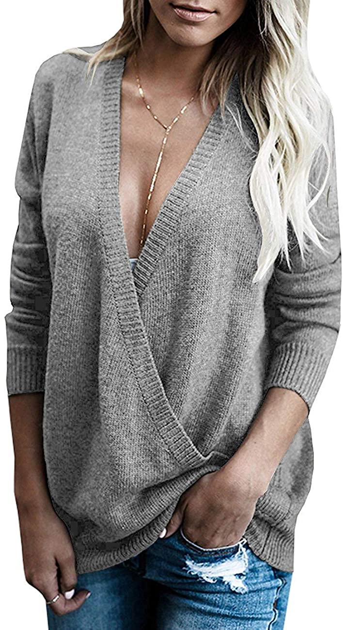 softome Womens Knitted Deep V-Neck Long Sleeve Wrap Front Loose Sweater  Pullover Jumper Tops at  Women's Clothing store