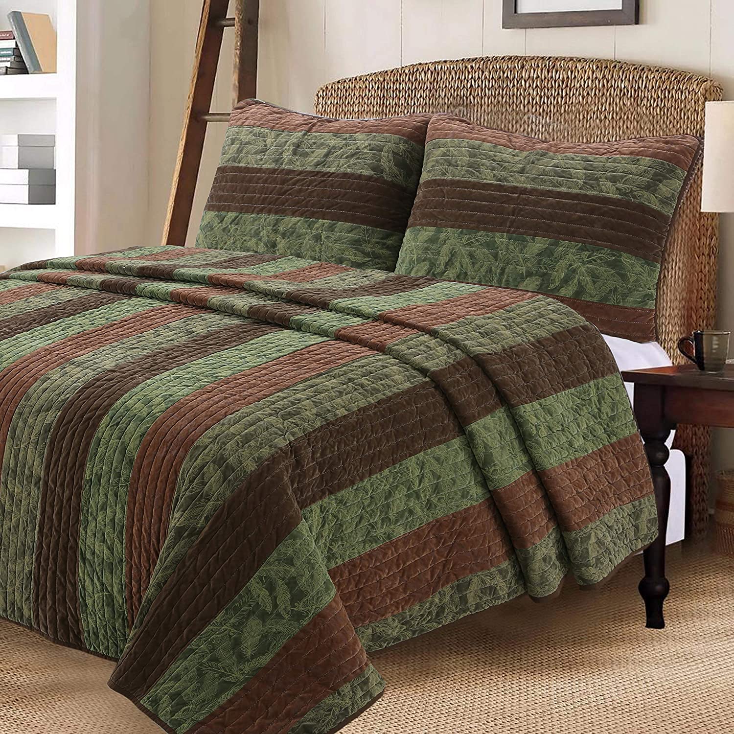 Brown / Olive, King - 3 Piece Cozy Line Home Fashions Andy Brown Olive Mustard Yellow Black Real Patchwork Quilt Bedding Set 100% Cotton Reversible Coverlet Bedspread Set 