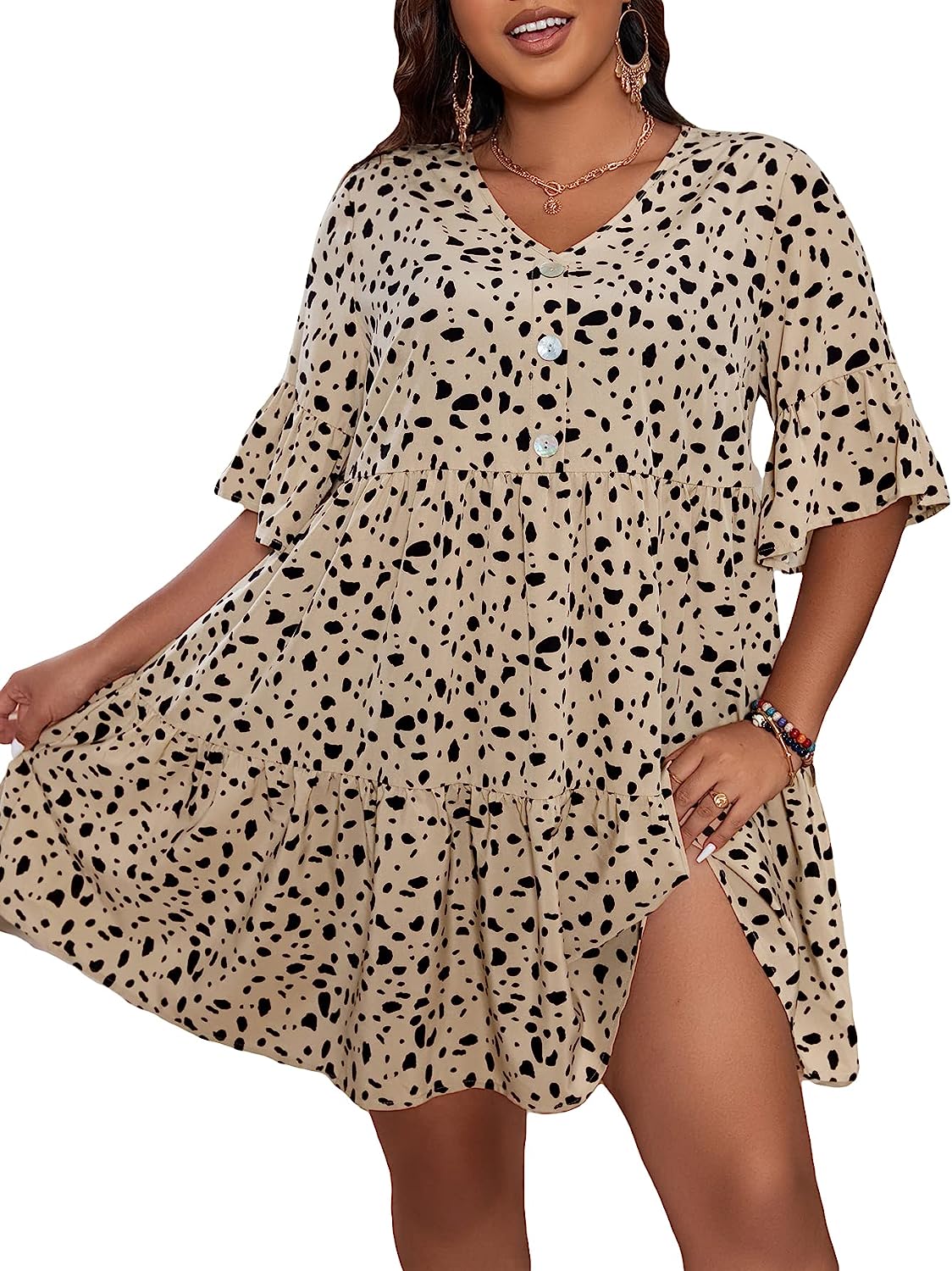 Milumia Women's Plus Size Boho Heart Print Dress Short Sleeve V Neck Ruffle  Dres