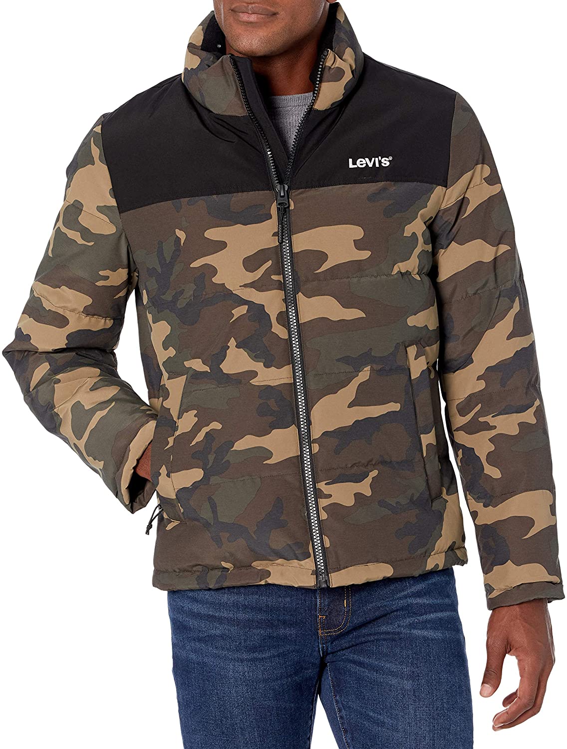 Pre-owned Visit The Levi"s Store Levi's Mens Arctic Cloth Retro Bubble Puffer  Jacket In Camo/black | ModeSens