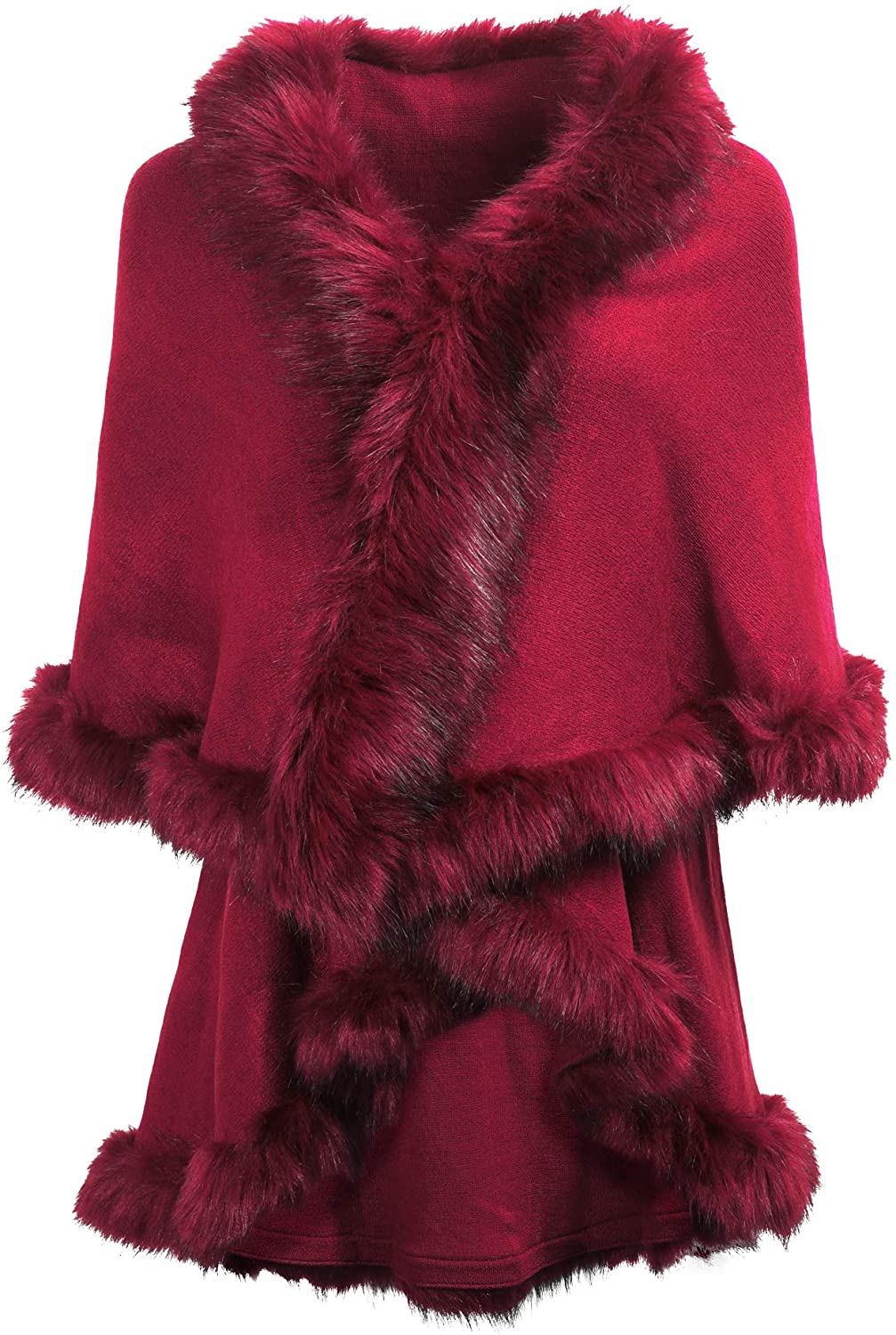 ZLYC Women Fine Knit Open Front Faux Fur Trim Layers Poncho Cape Cardigan Sweater