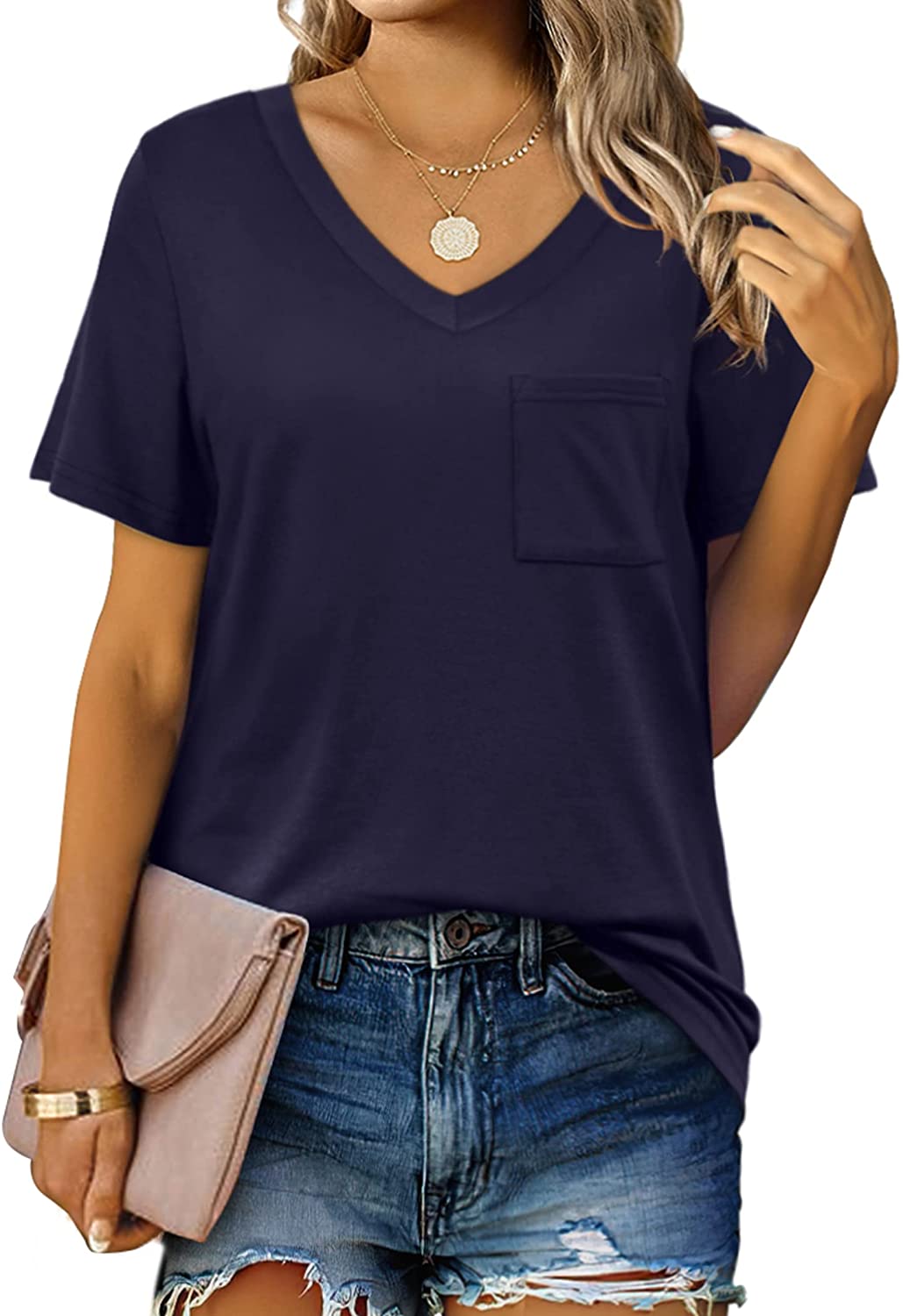 Geifa Womens T Shirts Short Sleeve V Neck Casual Summer Tops Tshirts with  Pocket
