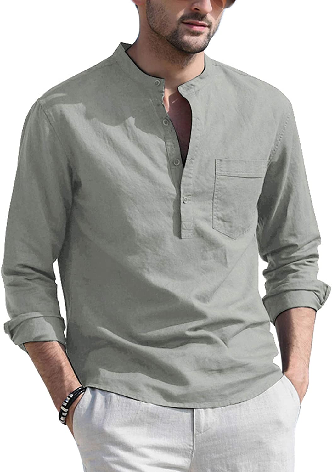 COOFANDY Mens Cotton Linen Print Mandarin Collar Long Sleeve Button Down Shirt