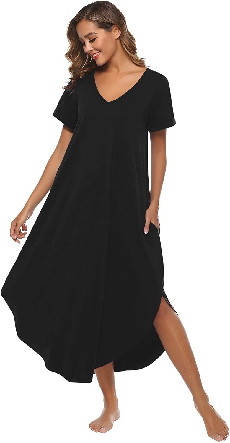 Alletya Women's Casual Night Dress V Neck Long Night Shirt Short Sleeve ...