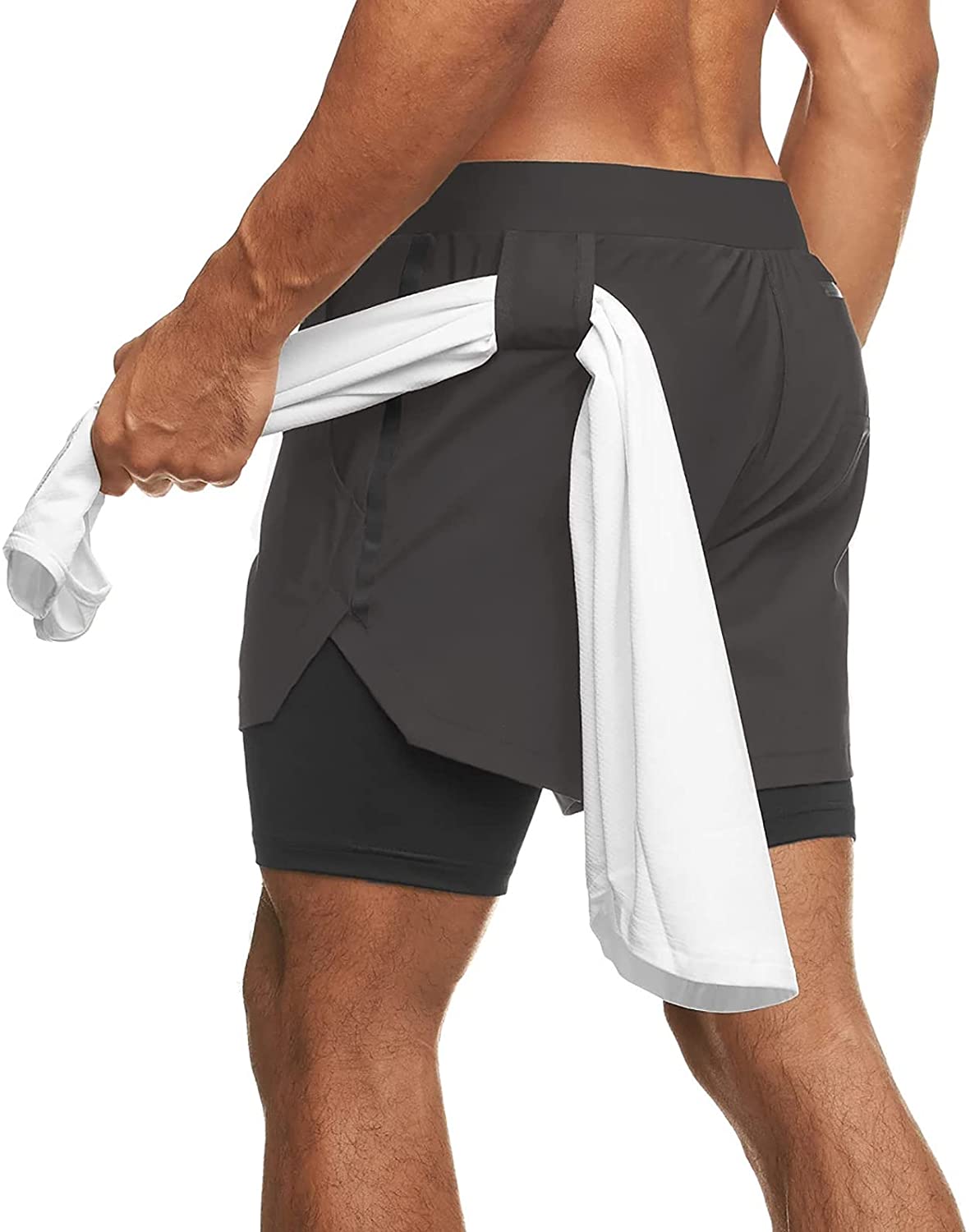 MECH-ENG Mens 2 in 1 Shorts Workout Running Training Gym 7 Short with Towel Loop 