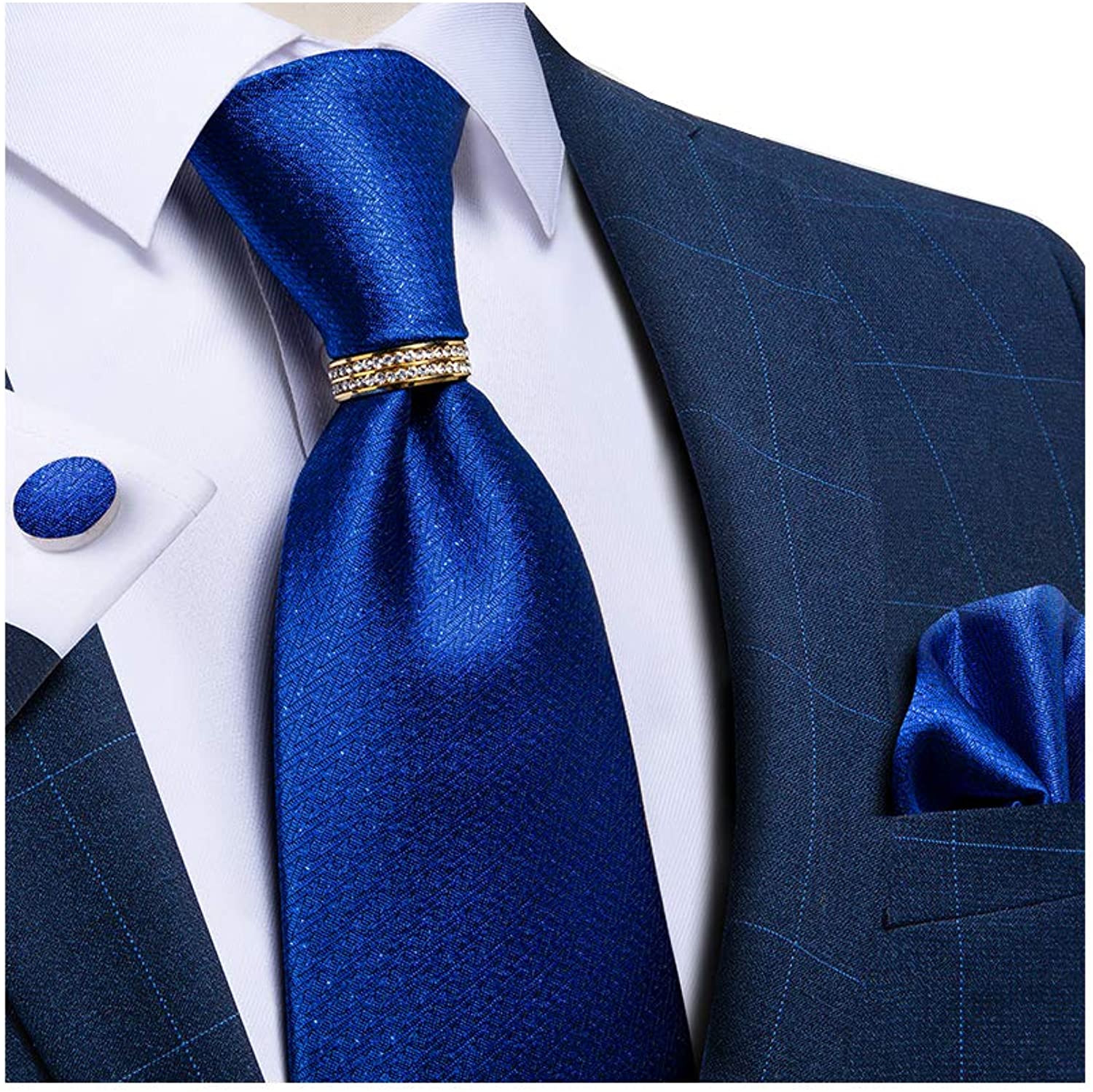DiBanGu Mens Formal Solid Tie and Gold Tie Ring Set Silk Pocket Square ...