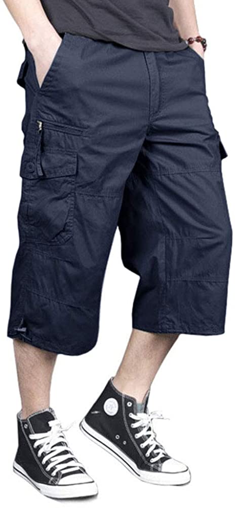 MAGCOMSEN Men's Capri Pants Twill Elastic Below Knee Cargo Shorts with 7 Pockets 3/4 Capri Long Shorts 