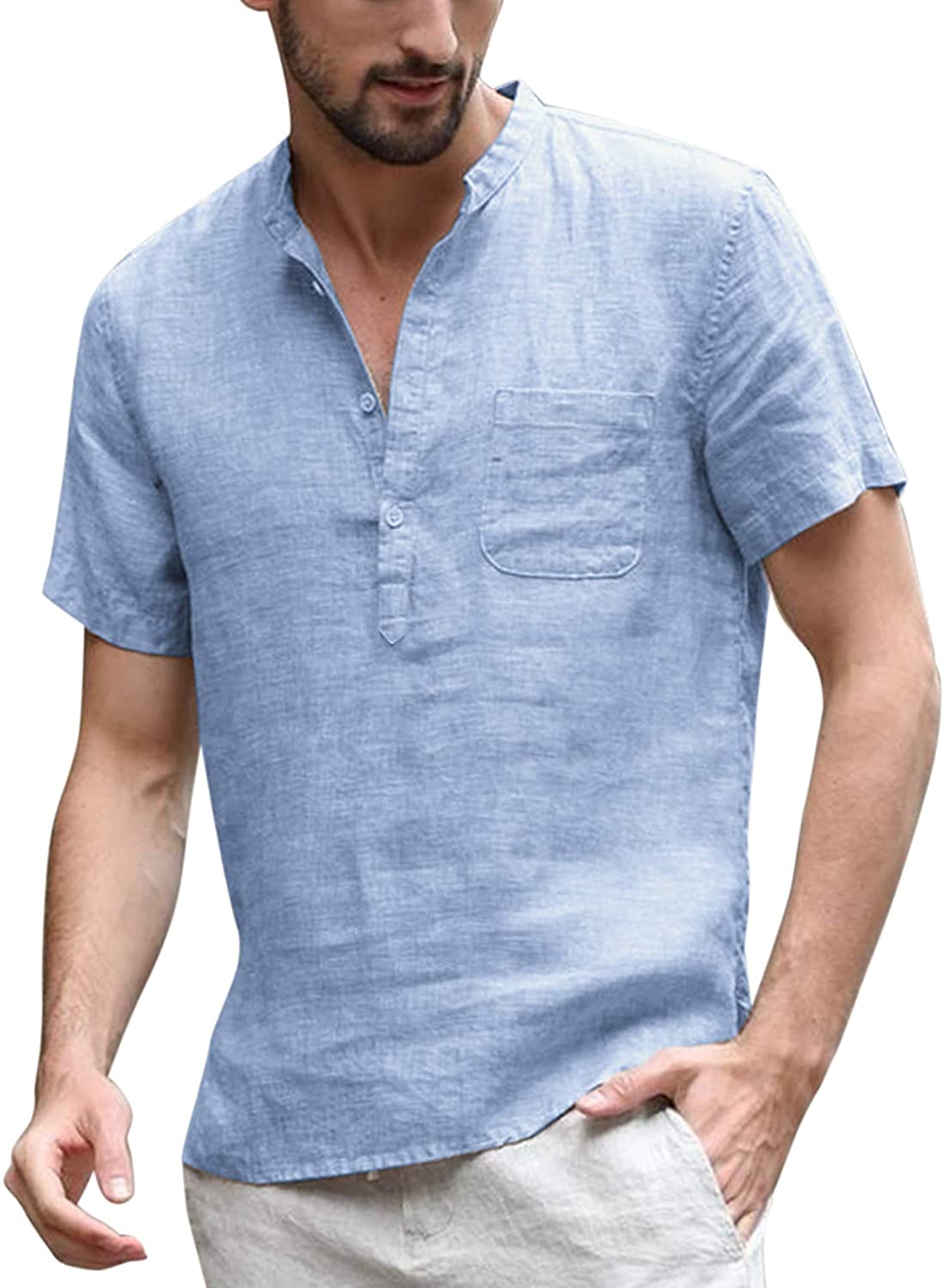 Mens Cotton Linen Henley Shirt Long Sleeve Hippie Casual Beach T Shirts Vickyleb Mens Tops Blouse T Shirt