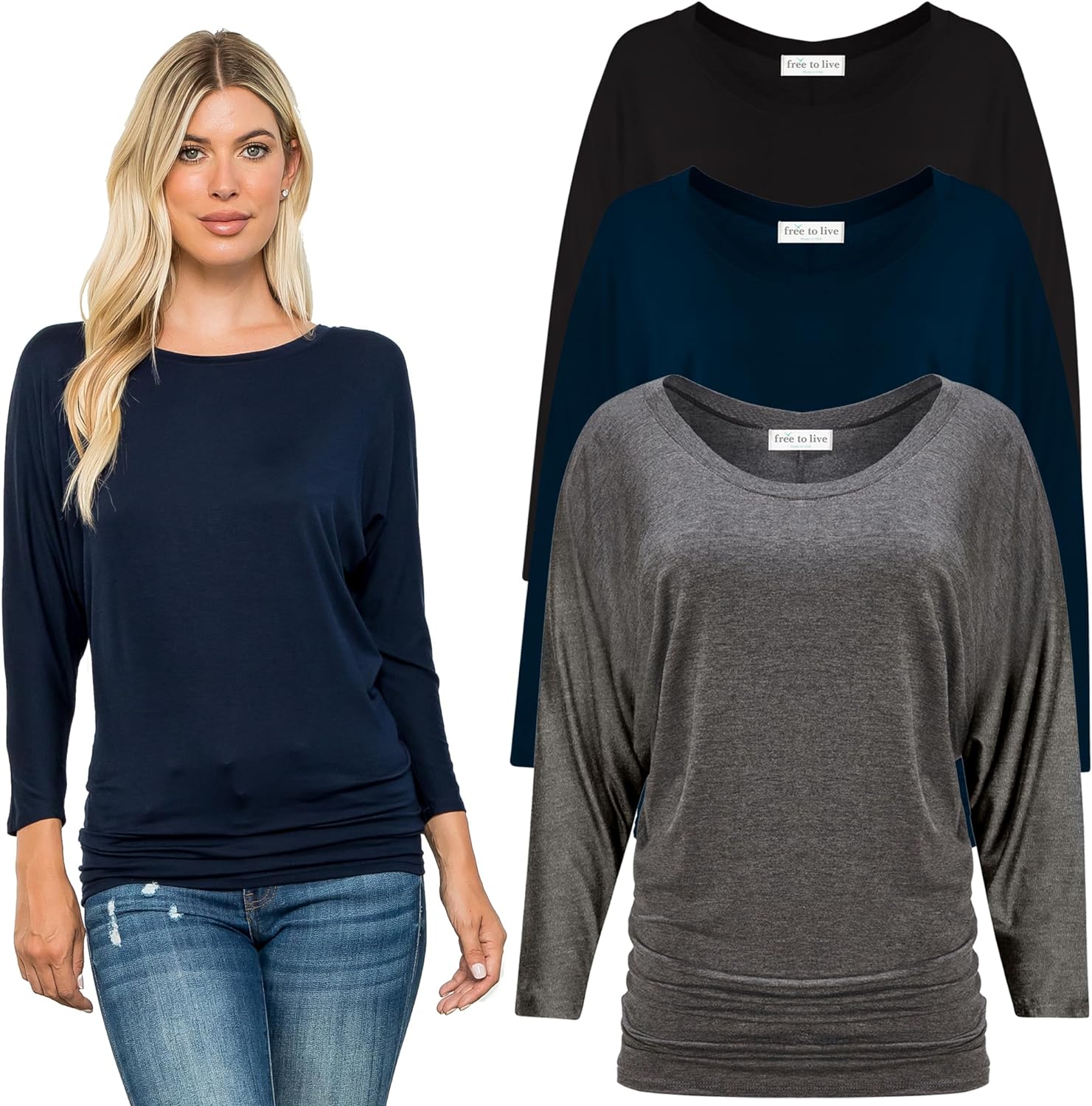 Free to Live 3 Pack Dolman 3/4 Sleeve Business Casual Tops for