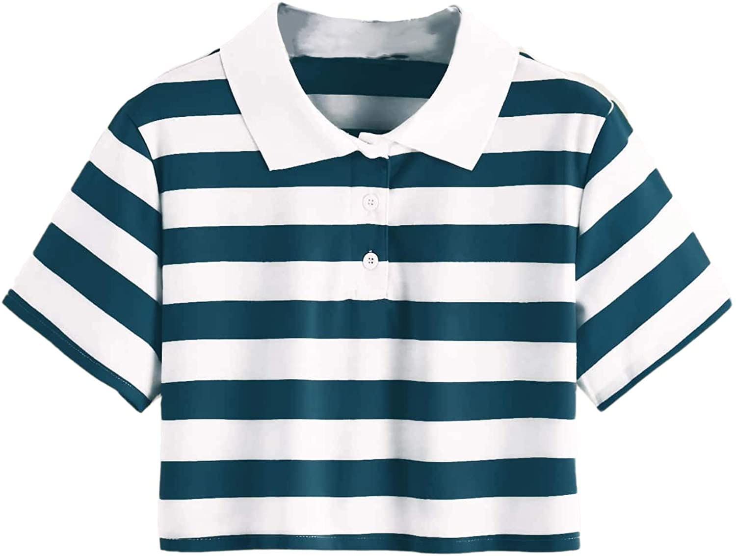 SweatyRocks Women's Long Sleeve T-Shirt Button Front Striped Polo Shirt at   Women’s Clothing store