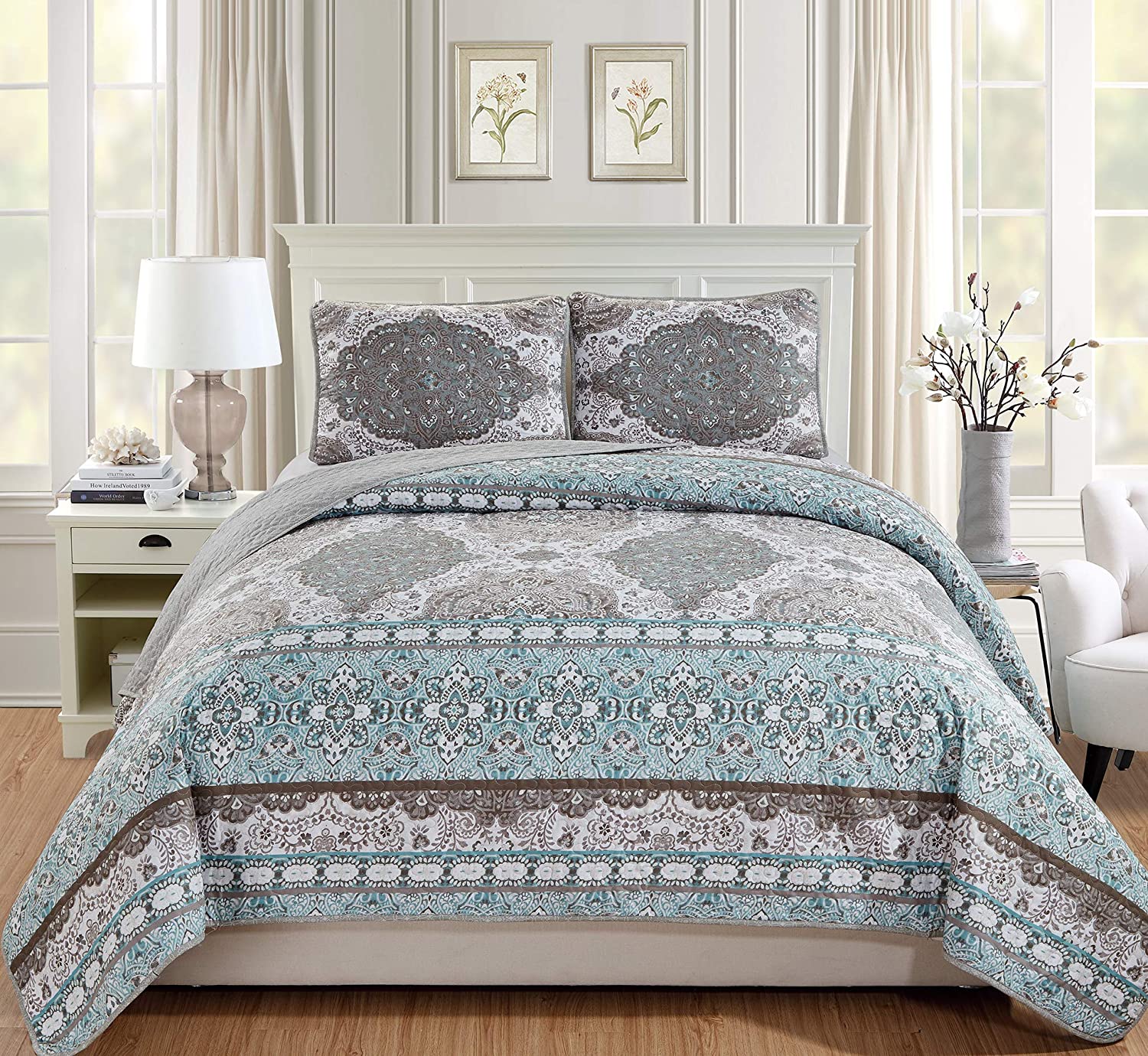 Pink Aqua Blue White Floral Patchwork 3pc Quilt Set Coverlet Twin Queen King Bed