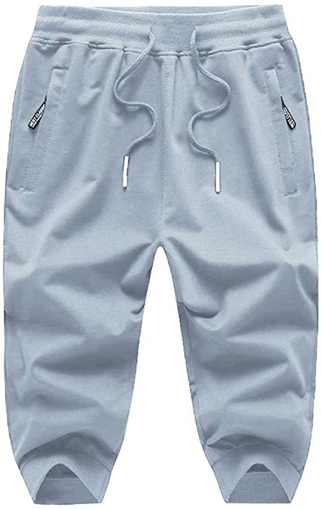 yuyangdpb Men's Shorts Cotton 3/4 Jogger Capri Pants Casual Drawstring Zipper Pockets 