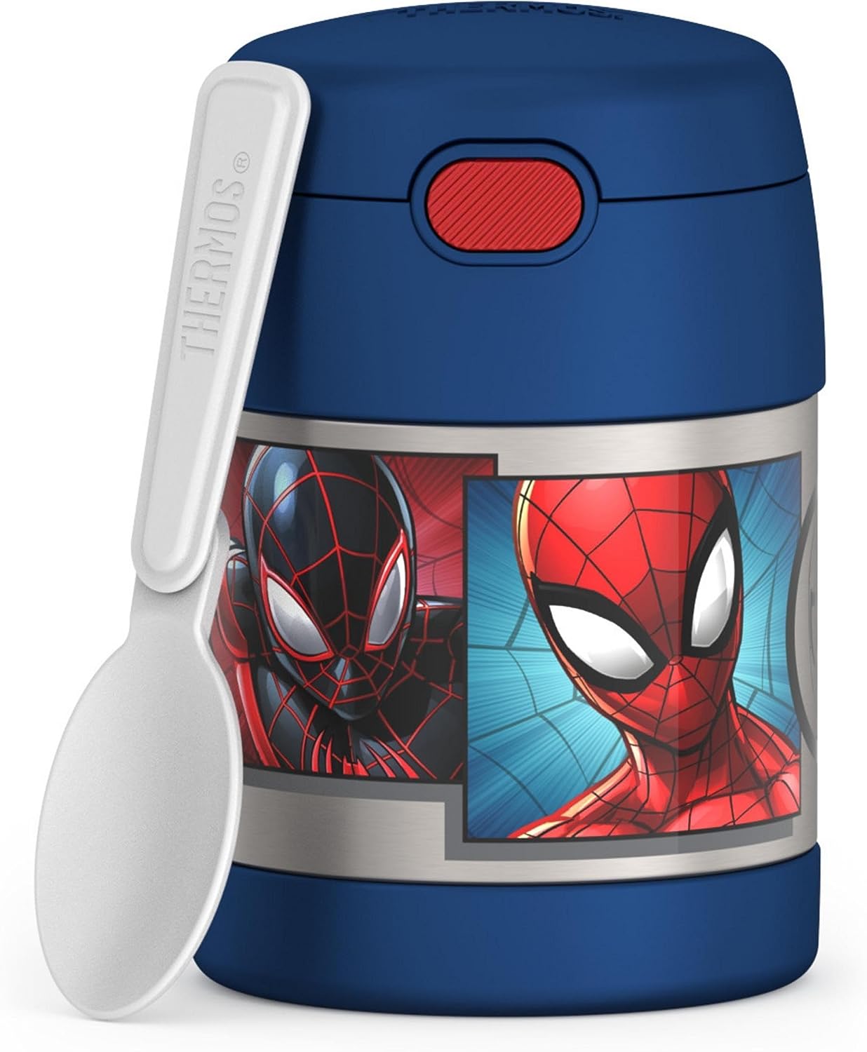 thermos funtainer 10 ounce stainless steel vacuum insulated kids food jar  with spoon, spider-man