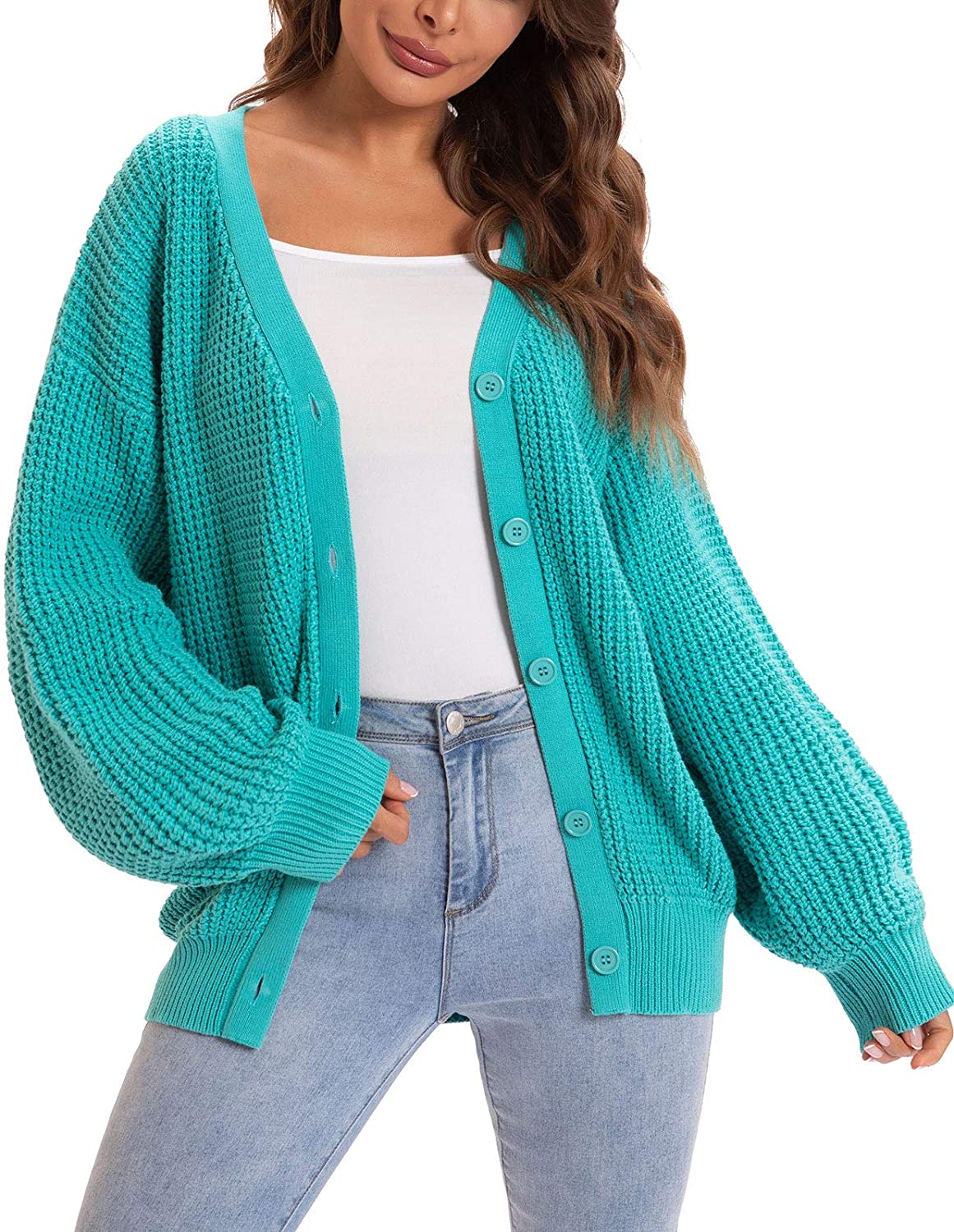 QUALFORT Womens Cardigan Sweater 100% Cotton Button-Down Long Sleeve Oversized Knit Cardigans