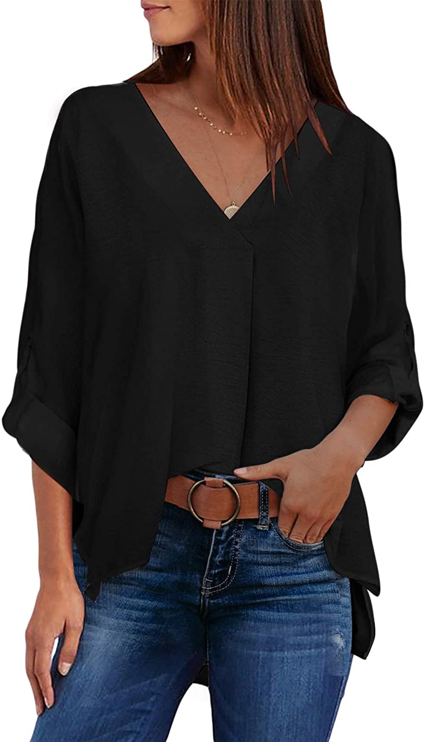 Astylish Women Casual Solid Cuffed Tab Sleeve High Low V Neck Blouse Tops