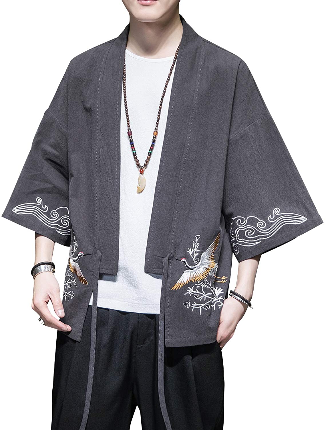 PRIJOUHE Men's Kimono Jackets Cardigan Lightweight Casual Cotton Blends Linen Seven Sleeves Open Front Coat Outwear 
