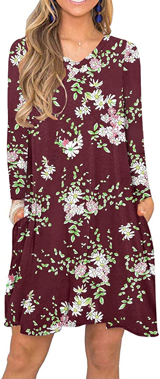 MISFAY Women Casual V-Neck Swing Floral Dresses Long Sleeve T Shirt Pockets Dress