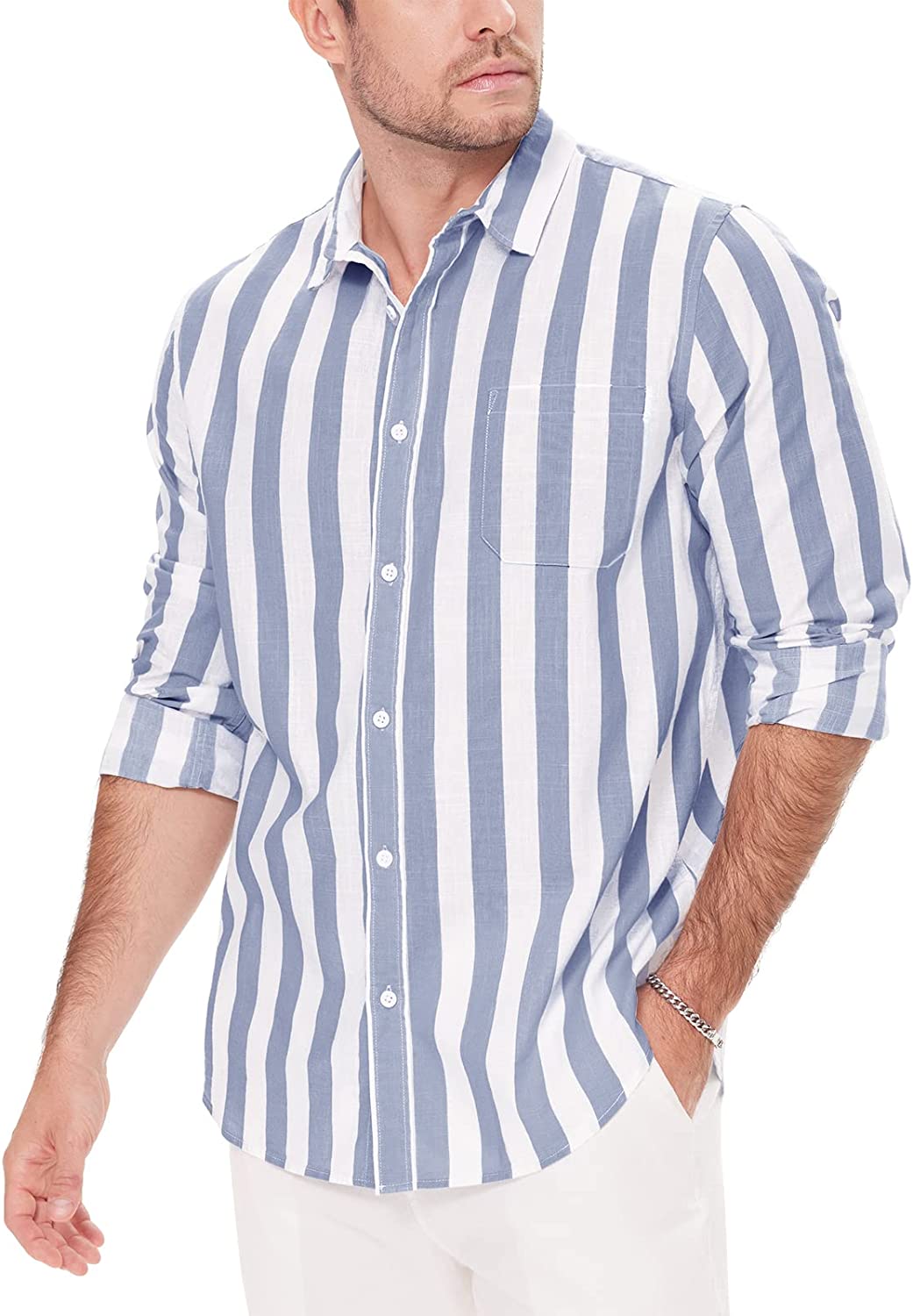JEKAOYI Button Down Linen Shirts for Men Casual Long Sleeve Regular Fit Cotton Beach Shirts with Pocket