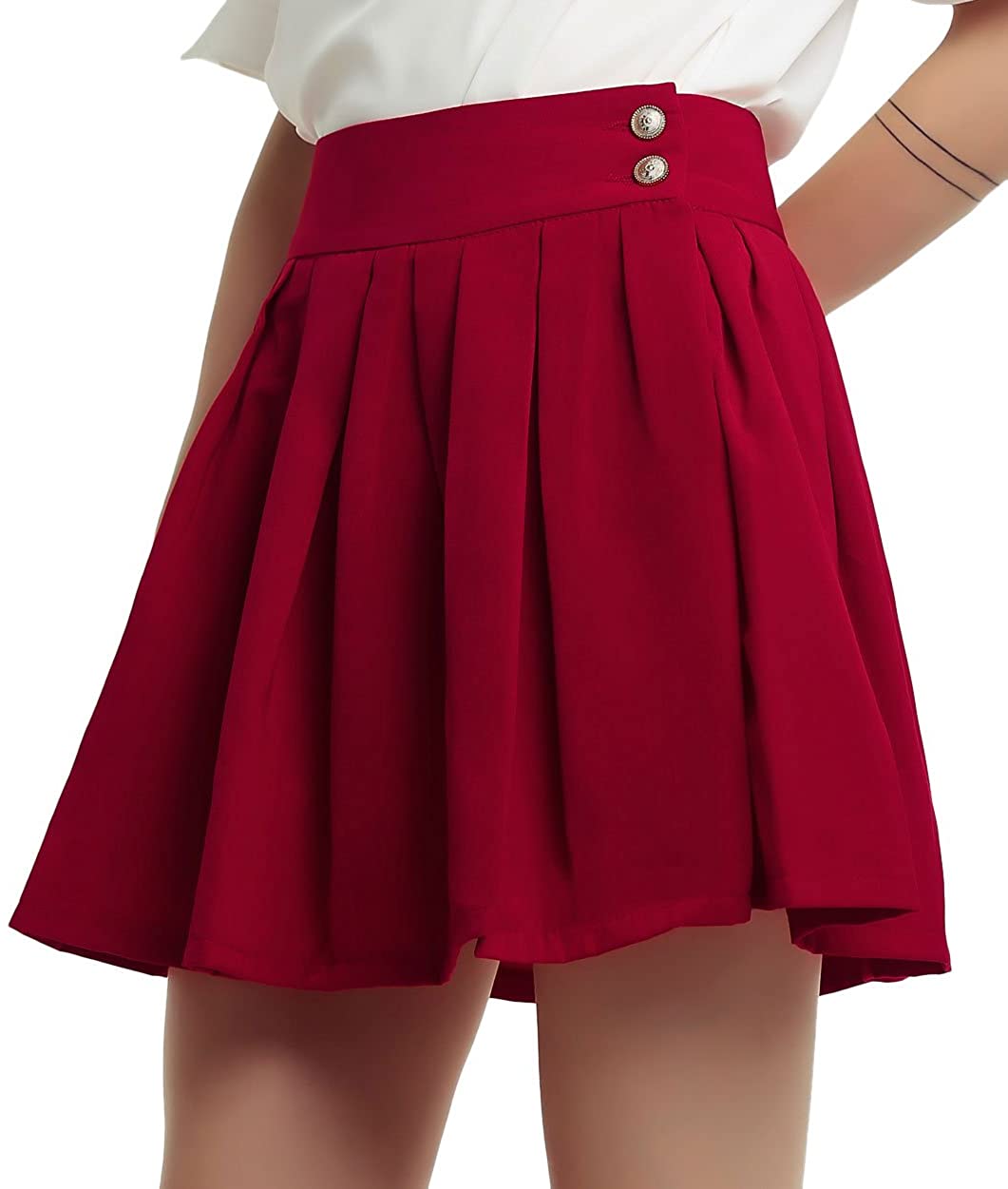 chouyatou Women's Double Waist Side Buttons Pleated Skirt 