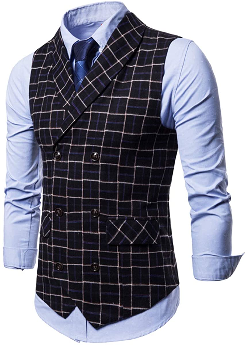 Men's Plaid Tweed Suit Vest Double-Breasted Casual Waistcoat Shawl ...