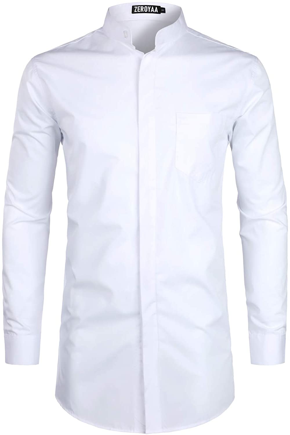 ZEROYAA Men's Hipster Slim Fit Long Sleeve Banded Collar Shirt with Pocket