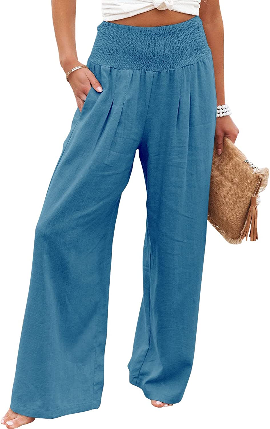 Buy Vansha Women Summer High Waisted Cotton Linen Palazzo Pants Wide Leg  Long Lounge Pant Trousers with Pocket, Khaki, Small at