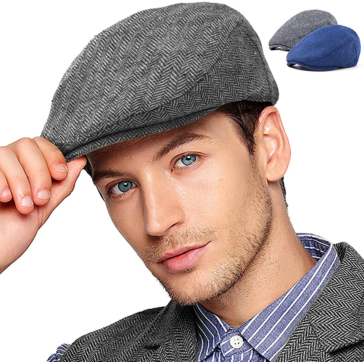 Qossi 2 Pack Newsboy Hats for Men Flat Cap Cotton Adjustable Breathable Irish Cabbie Ivy Driving Hunting Hat