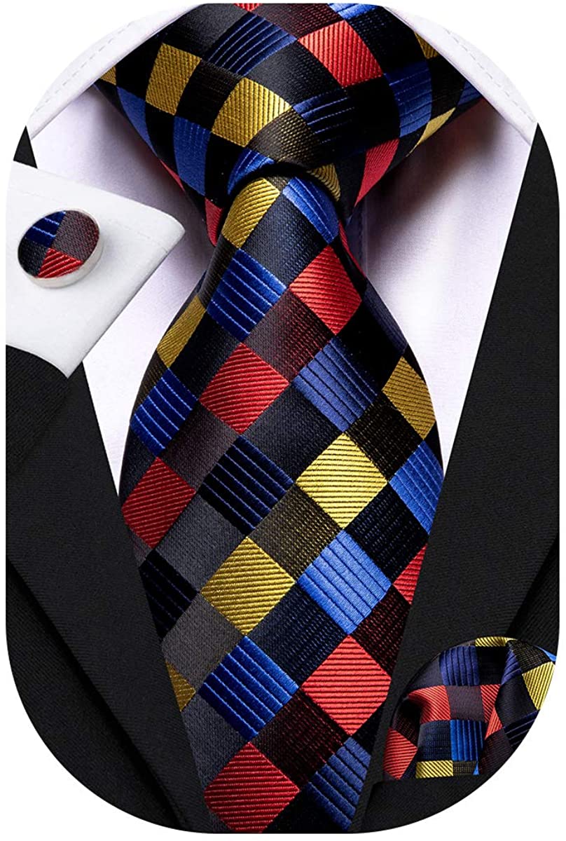  Hi-Tie Solid Black Plaid Silk Necktie Mens Tie with Hanky  Cufflinks Set : Clothing, Shoes & Jewelry