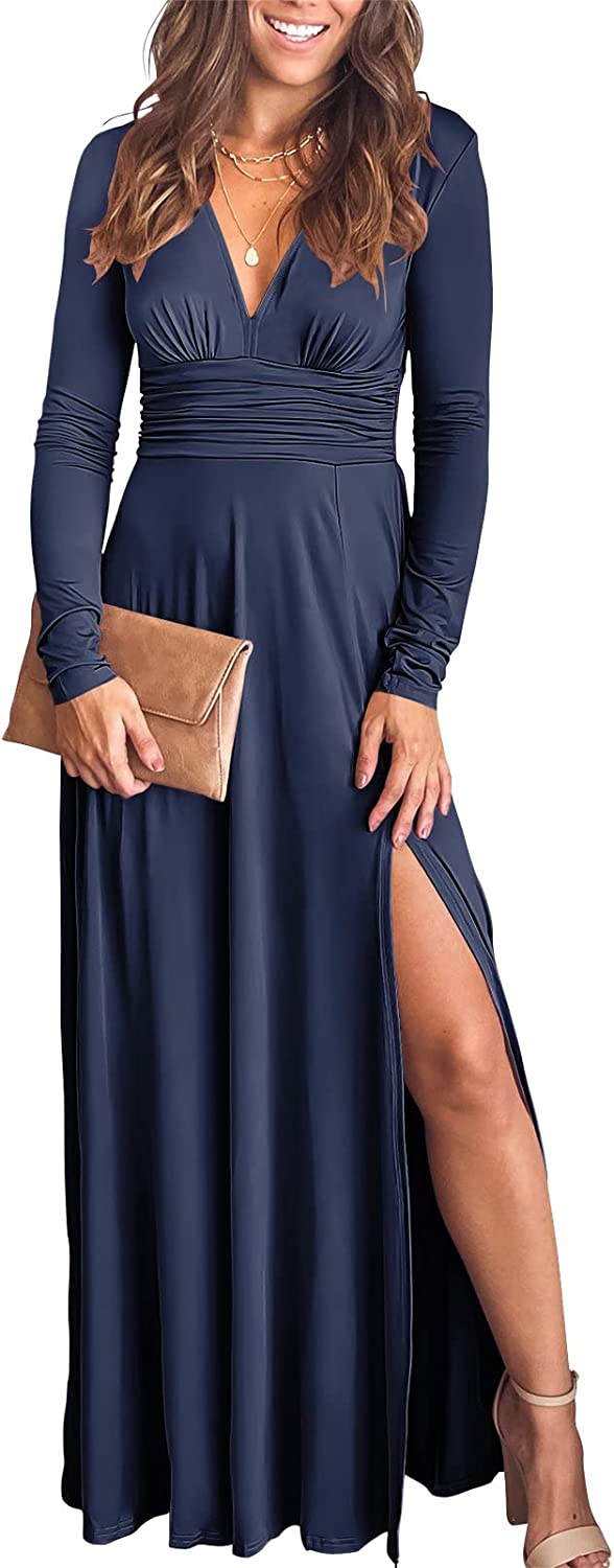 ANRABESS Women's Deep V Neck Short Sleeve Long Dresses Pleated High Waist  Slit Club Party Evening Maxi Dress