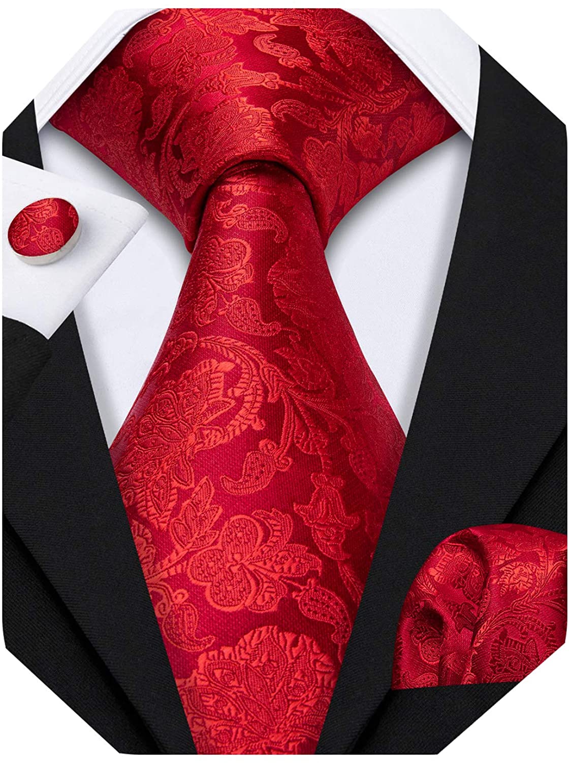 Barry.Wang Men Tie and Bowtie Set with Handkerchief Cufflink Pre-tied Cotton Flower Necktie Formal Wedding Cravat