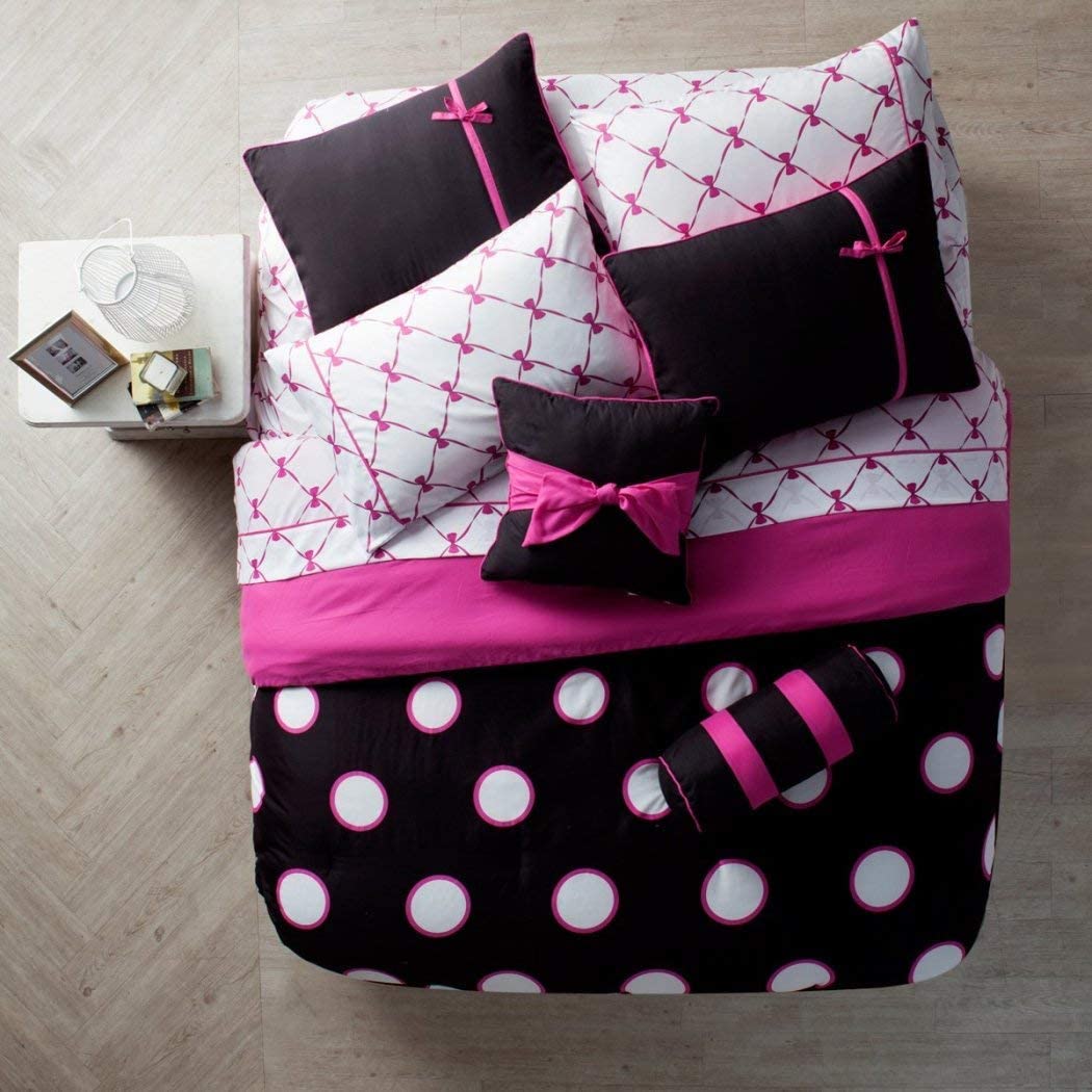 Vcny Home Sophie Polka Dot Piece Bed In A Bag Comforter Set Full Black Pink Ebay