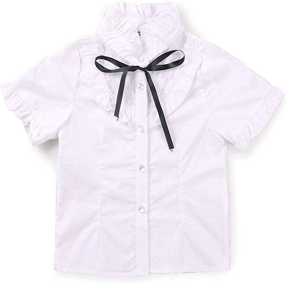 Girls' Princess Lace Collar Uniform Bowknot Blouse Long Sleeve Ruffle Shirt 