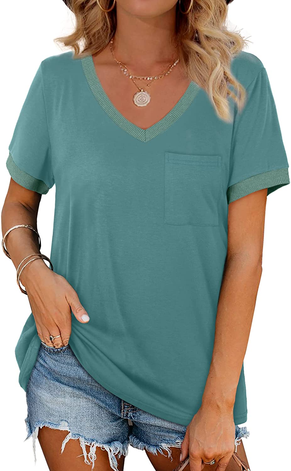 Geifa Womens T Shirts Short Sleeve V Neck Loose Casual Summer Tops with  Pocket