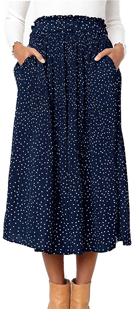 Naggoo Women's Polka Dot Midi Skirts Casual High Elastic Waist A Line  Pleated Mi