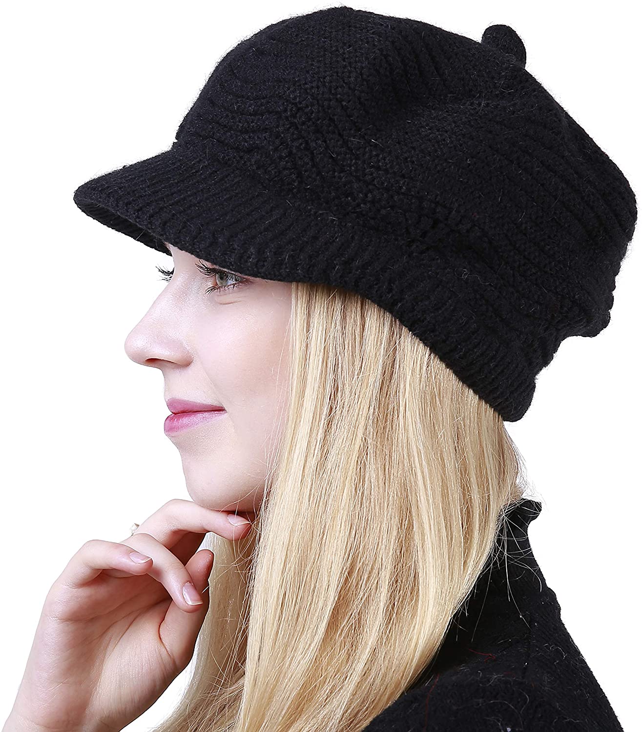 Womens Winter Warm Knitted Hats Slouchy Beanie Hat Cap Cable Knit Skull Hat with Visor 