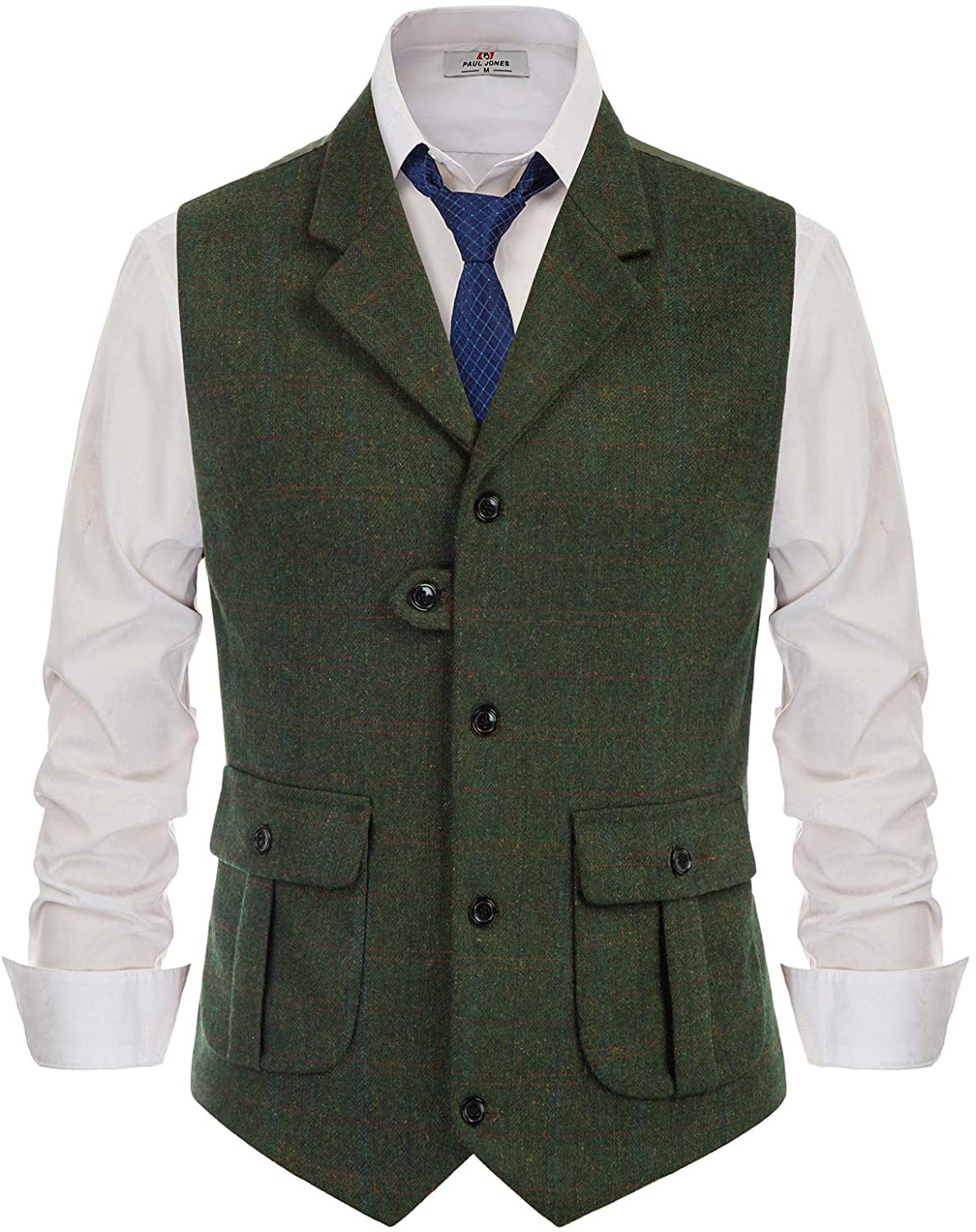 Green Mens Vest Tweed Waistcoat Notch Lapel Wool Herringbone Vintage Suit Formal 