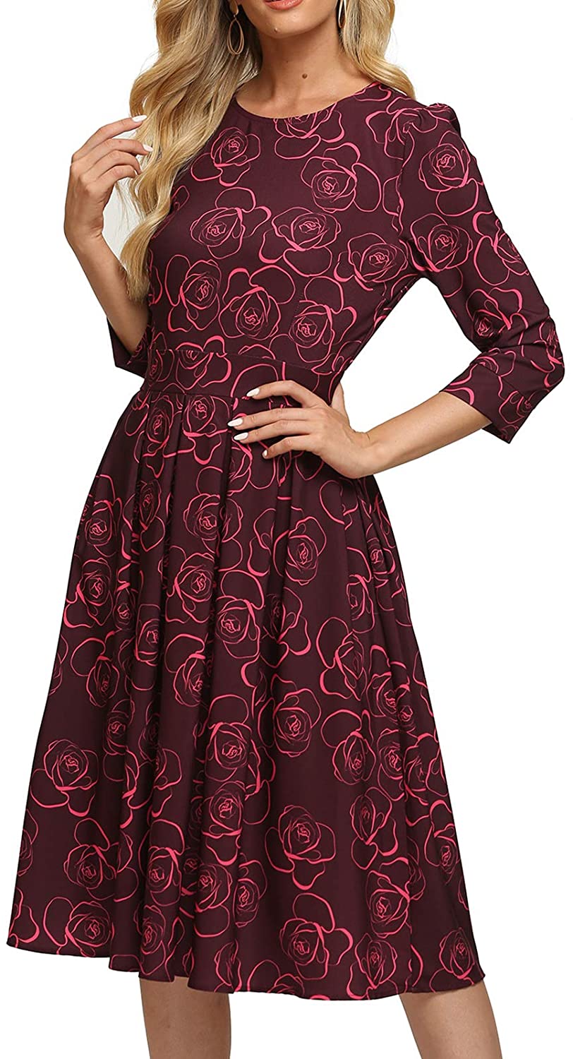 Simple Flavor Women's Floral Evening Flare Vintage Midi Dress 3/4 Sleeve |  eBay