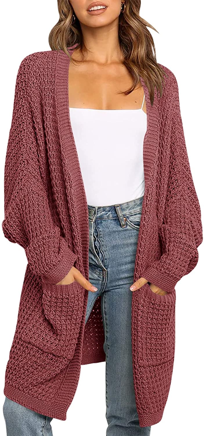 OUGES Women's Long Batwing Sleeve Open Front Chunky Knitted Cardigan Sweater Coat with Pockets 