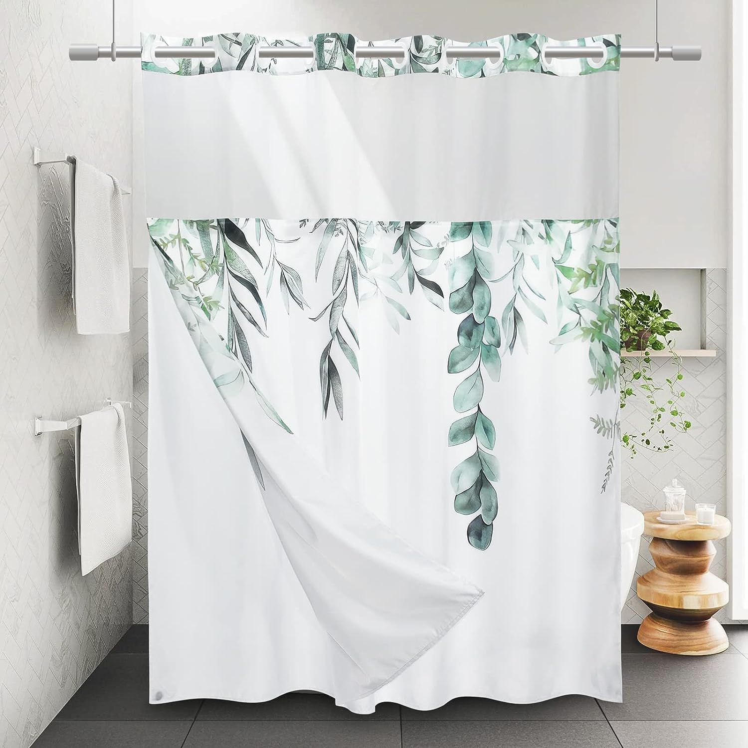 Farmhouse Shower Curtain with Snap-in Liner,No Hooks Needed