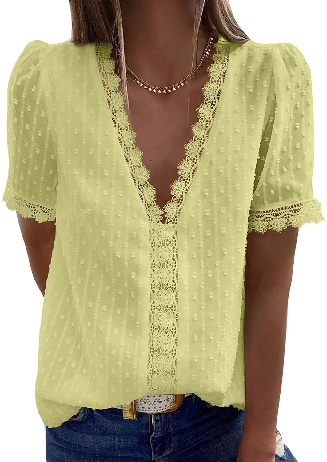 Dokotoo Women's V Neck Lace Crochet Tunic Tops Flowy Casual Blouses Shirts