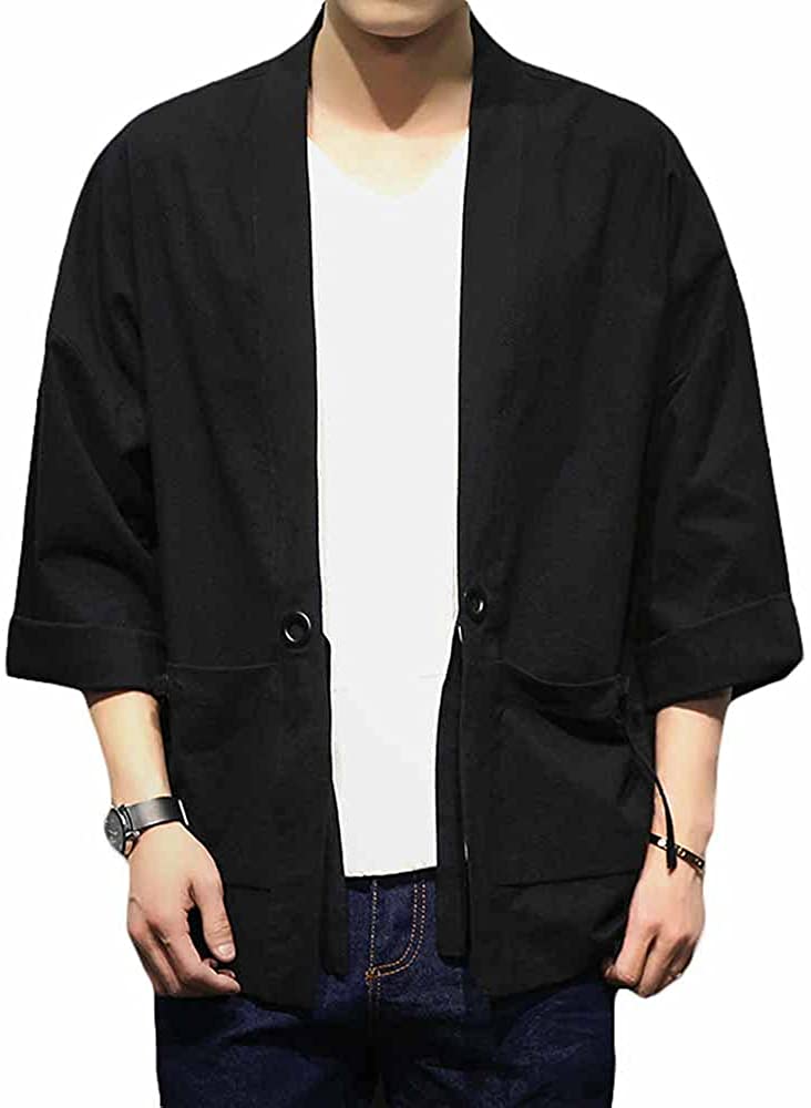 PRIJOUHE Men's Japanese Style Kimono Cardigan Jacket Cotton Blends Linen  Seven S