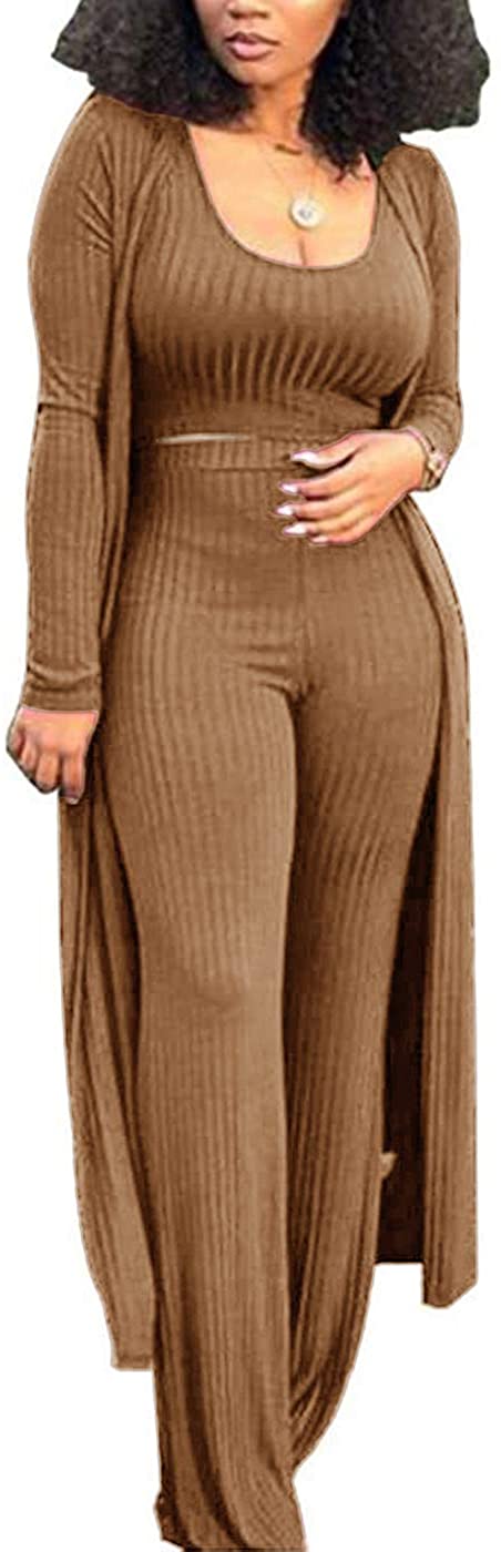 Cosygal Women's Crop Top Cardigan and Wide Leg Long Palazzo Pants Jumpsuit Romper Set Three Piece Outfit Sets