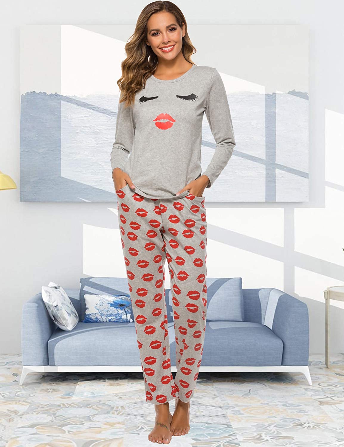 EISHOPEER Women's Long Sleeve Pajamas Set Cute Print Top and Pants Pjs ...