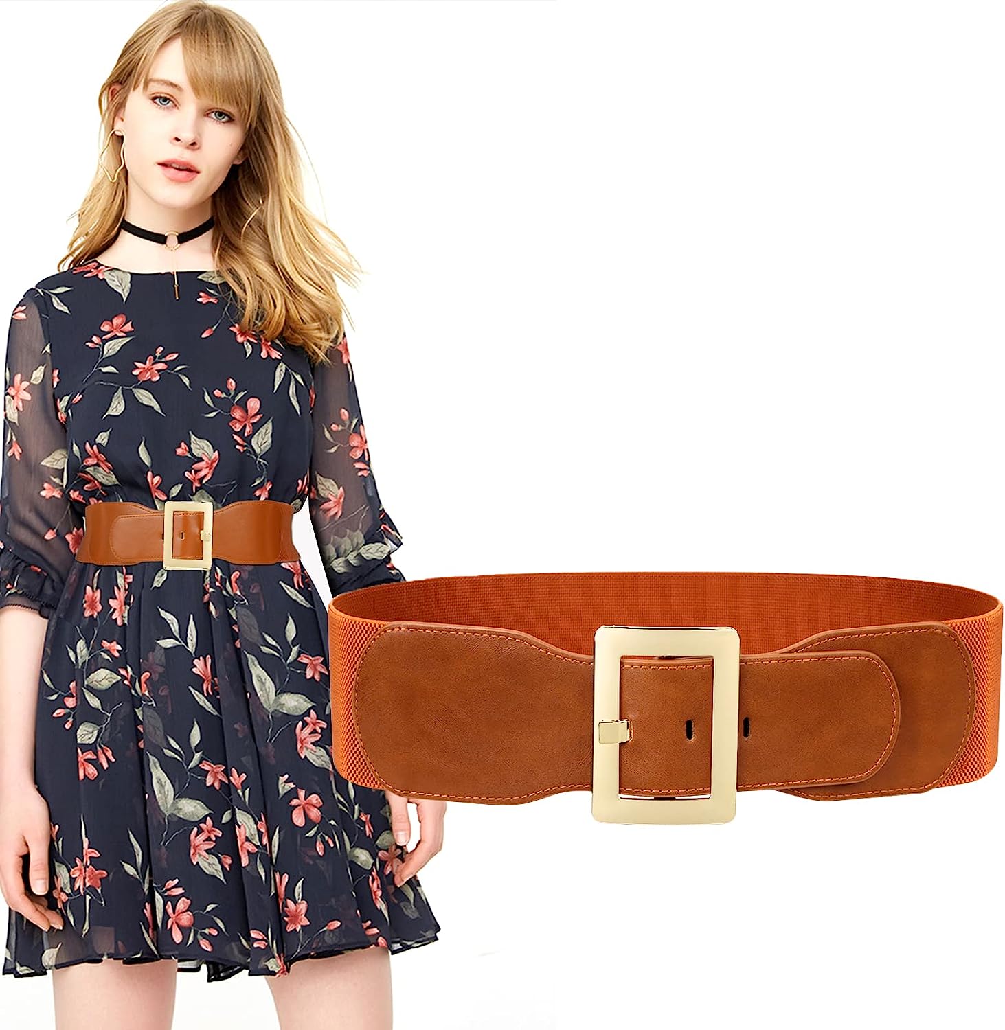 SUOSDEY Wide Elastic Belt for Women, Stretch Cinch Waist Belt for Ladies Dresses with Metal Buckle