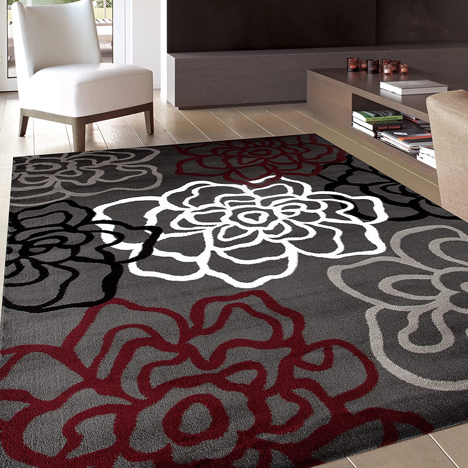Contemporary Modern Floral Flowers Red/Gray Area Rug 5' 3" X