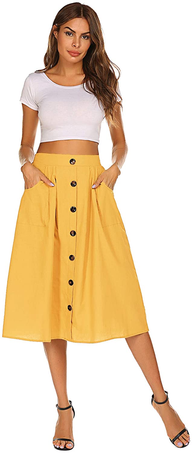 Naggoo Womens Casual Front Button A-Line Skirts High Waisted Midi Skirt ...